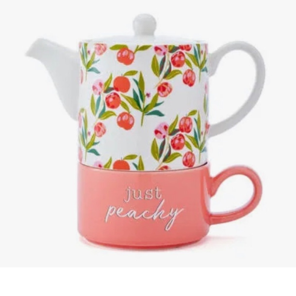 Just Peachy white peach tree floral ceramic teapot & orange teacup set for one